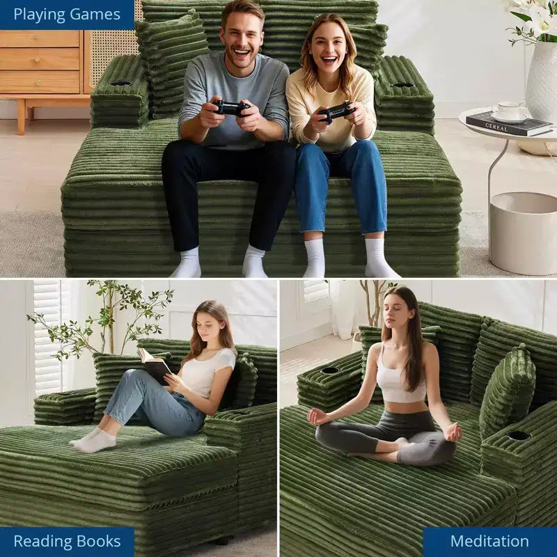 Canapé 3 places en velours côtelé avec porte-gobelets et ports de charge