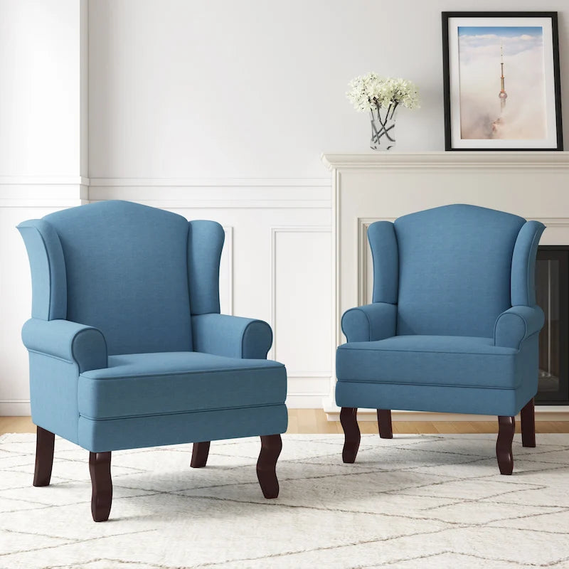 2 fauteuils d'appoint à dossier haut traditionnels, revêtus de tissu