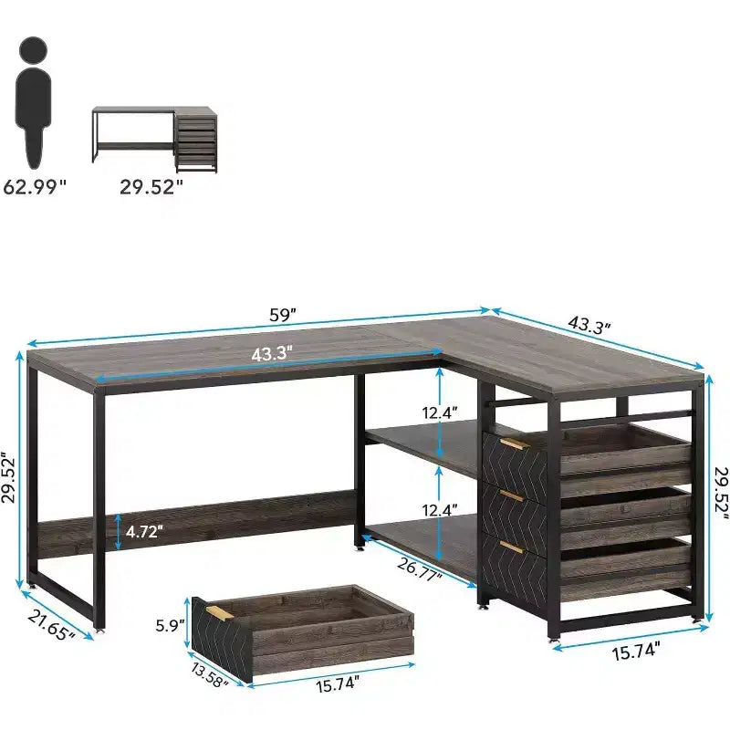 Bureau d'angle en L réversible de 59 po avec tiroirs de rangement, gris