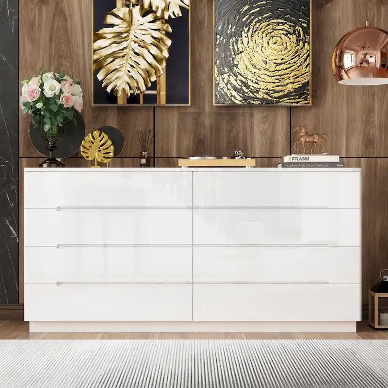 Commode haute brillance 63 po avec 8 tiroirs lumineux et plateau spacieux
