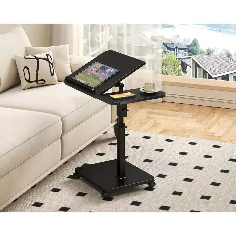 1 Table d'appoint en C, Table de lit à roulettes réglable en hauteur, Table de canapé multi-usage et Bureau d'ordinateur portable pour petits espaces