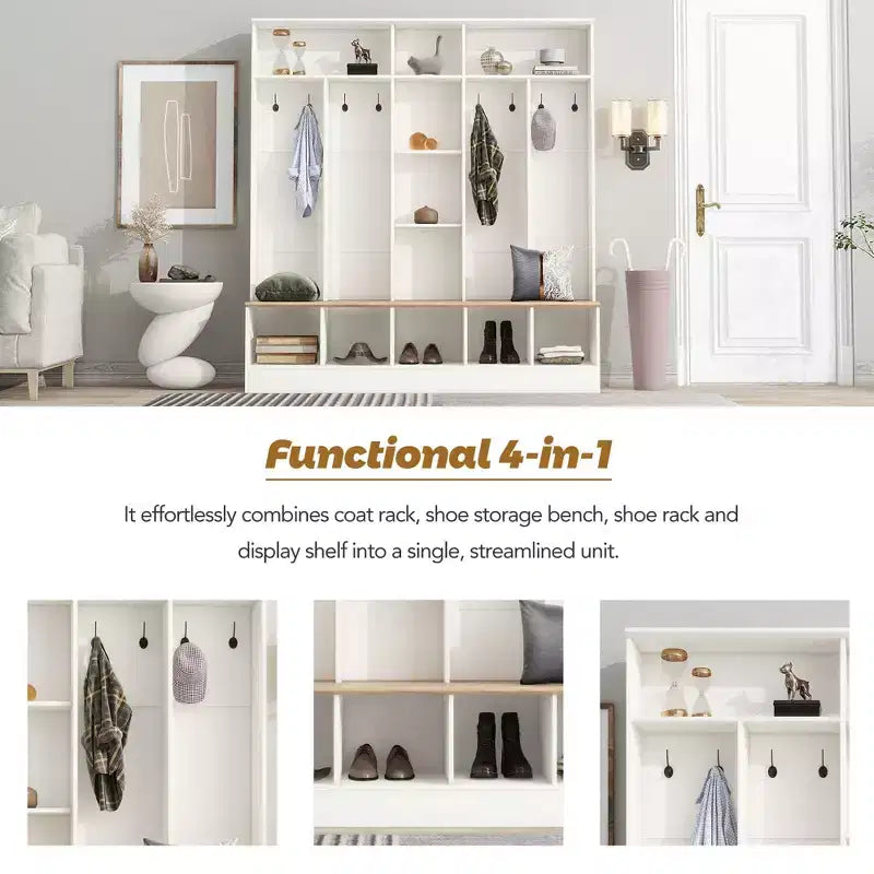Meuble d'entrée large CLIHOME avec banc de rangement, armoire à chaussures minimaliste avec cubes de rangement et étagères