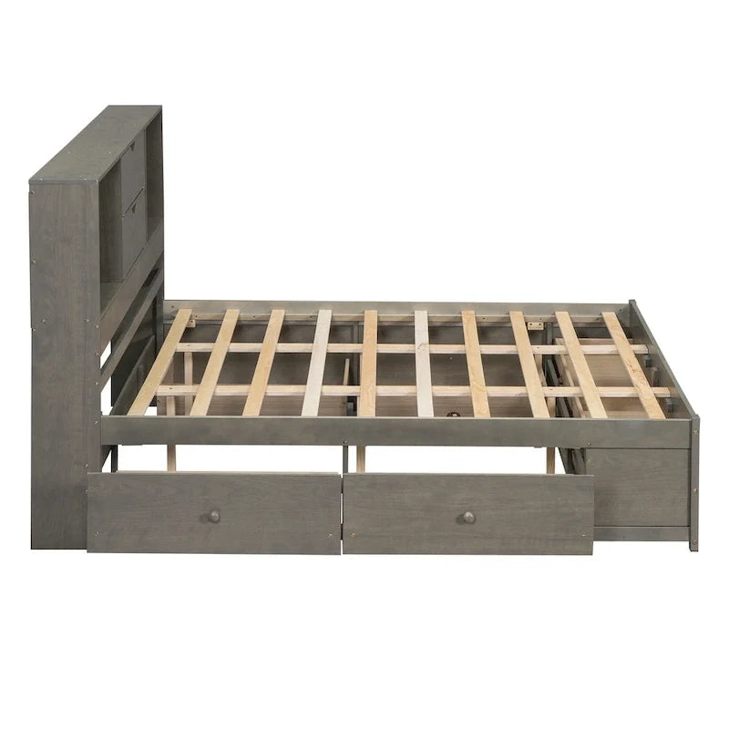 Lit moderne queen size gris en bois avec tête de lit de rangement et 8 tiroirs