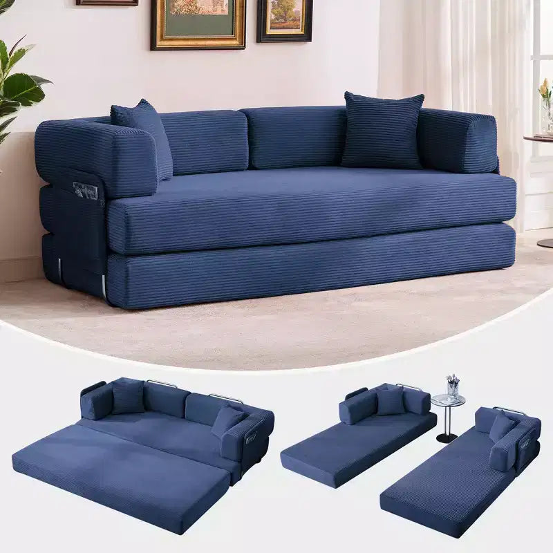 Canapé futon moderne en velours côtelé de 79 po pour petits espaces, canapé-lit convertible 5 en 1 avec accoudoirs et oreillers amovibles