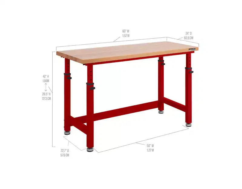 Établi robuste avec plateau en bois et hauteur réglable de 60 po