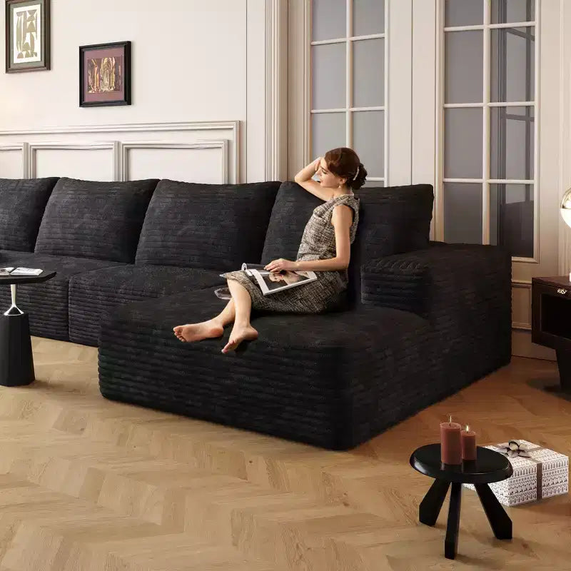 Canapé sectionnel nuage noir en velours côtelé moelleux de 271 cm avec méridienne en L, canapé modulaire moderne avec assise profonde pour salon, appartement