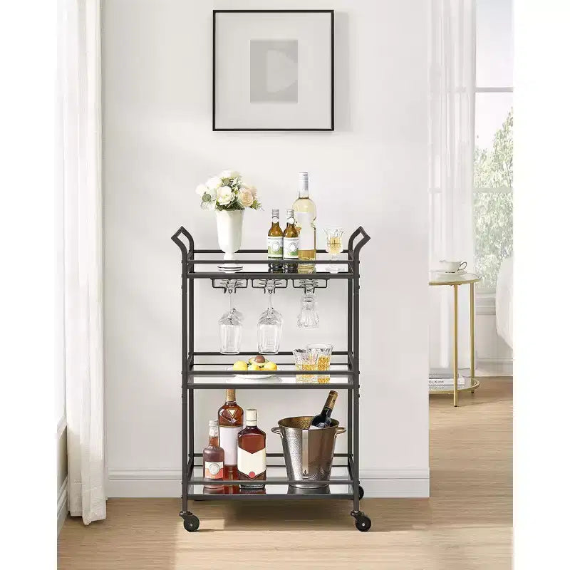 Chariot de bar, Desserte de bar à domicile, Petit chariot de bar avec étagère à 3 niveaux, Range-bouteilles, Porte-verres, Chariot de bar, 38 x 60 x 92 cm