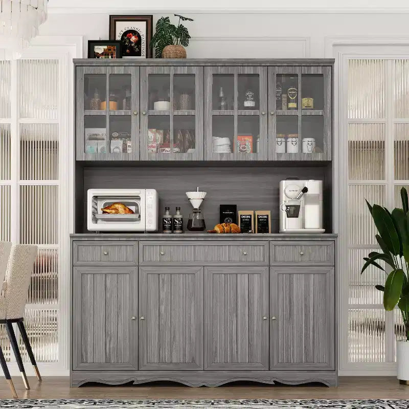 Famapy 61.2W Armoire de rangement grise Buffet Vaisselier de cuisine avec garniture de base ornée : Alliance d'élégance et d'utilité
