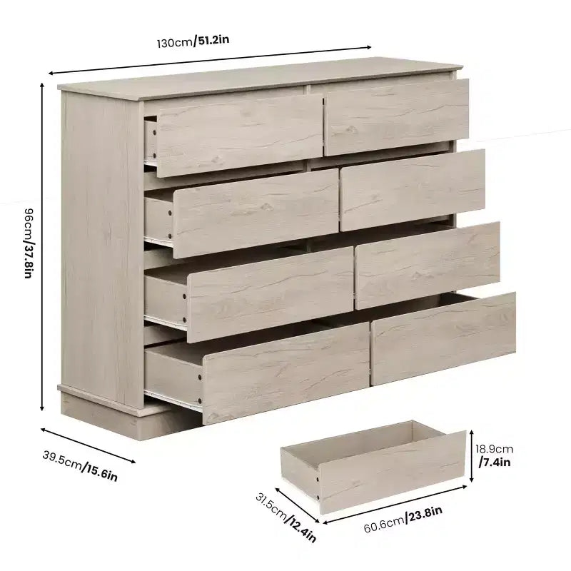 Commode moderne de chambre à 8 tiroirs, unité de rangement en bois pour placard, large commode