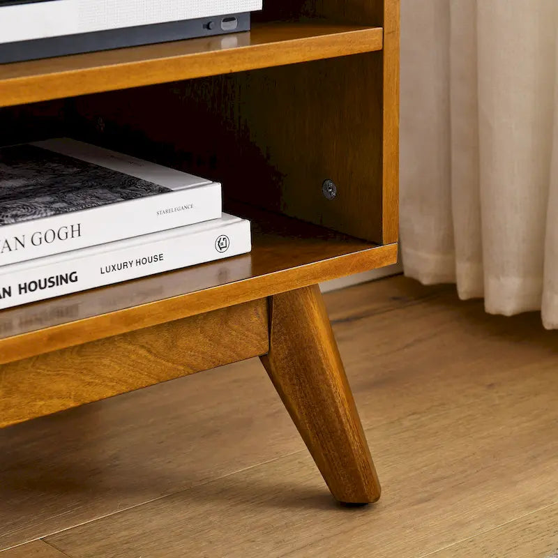 Meuble TV vintage en rotin avec 2 placards de rangement et 4 pieds en bois pour salon, chambre et bureau