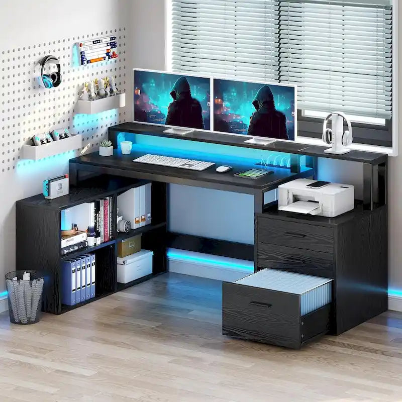 Bureau d'angle en L de 65 po avec DEL RVB, support pour moniteur et armoire de rangement – 1 personne | Blanc / Chêne / Gris anthracite / Noir