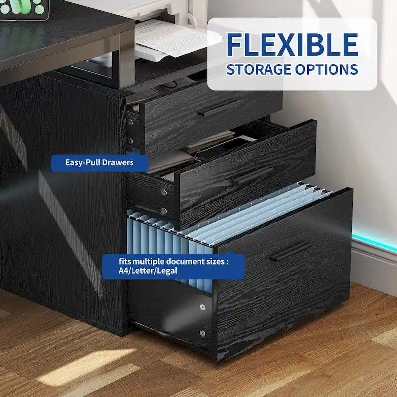 Bureau d'angle en L de 65 po avec DEL RVB, support pour moniteur et armoire de rangement – 1 personne | Blanc / Chêne / Gris anthracite / Noir