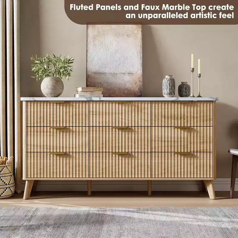 Commode cannelée à 9 tiroirs, 154 cm de large, en bois, avec rangement profond, pour chambre à coucher, salon ou couloir