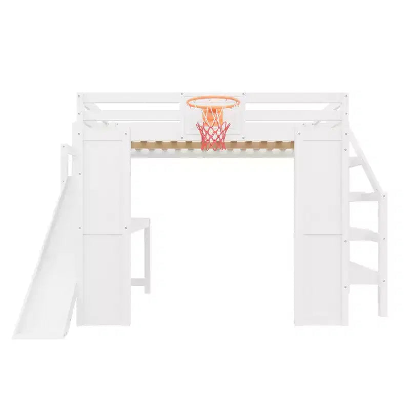 Lit mezzanine en bois massif Luxystar avec bureau, toboggan, panier de basket et escalier de rangement pour enfants et adolescents