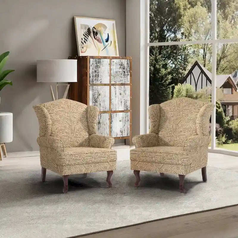 2 fauteuils d'appoint à dossier haut traditionnels, revêtus de tissu
