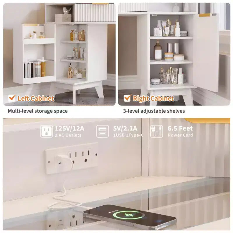 Coiffeuse d'angle 47 po avec miroir et lumière, table de maquillage en bois avec plateau en verre et station de charge, coiffeuse pour chambre à coucher