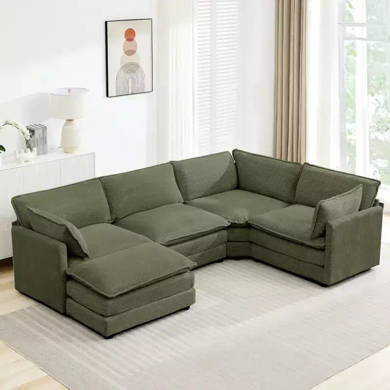 Canapé sectionnel modulaire moderne 5 places en velours côtelé, surdimensionné, 288 cm (L) x 201 cm (l), avec pouf, canapé en forme de U avec canapé d'angle, HYLEORY