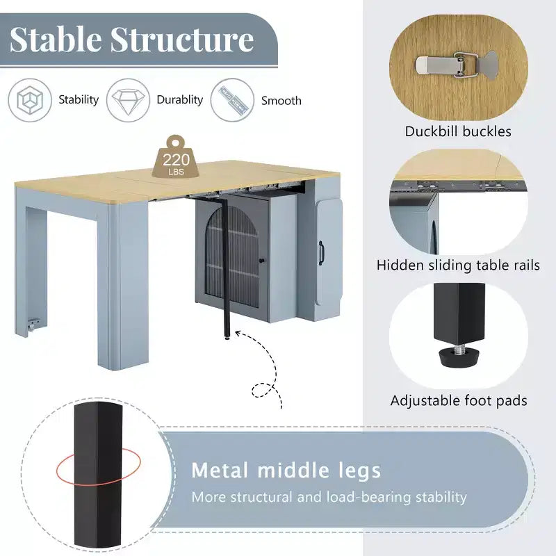 Table à manger extensible Whisen, table îlot mobile roulante avec 3 rallonges amovibles, meuble de rangement