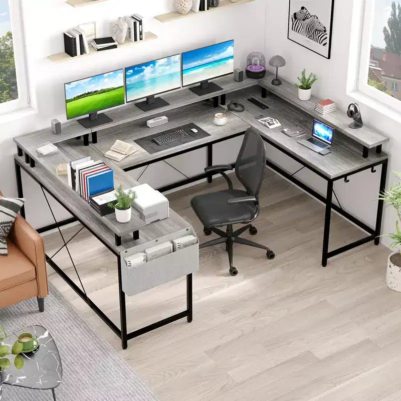 COZONY Bureau de jeu en forme de U/L 78", bureau d'ordinateur réversible avec prises de courant, lumières LED, support de moniteur et étagère de rangement, bureau d'angle pour le bureau à domicile