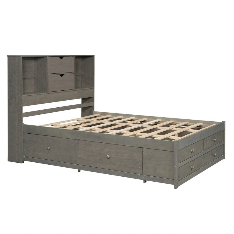 Lit moderne queen size gris en bois avec tête de lit de rangement et 8 tiroirs