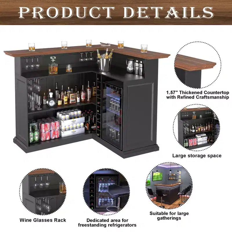 GDLF Meuble de Bar d'Angle en Forme de L avec Espace Réfrigérateur, Grande Table de Bar Moderne pour Sous-sol