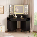 Coiffeuse d'angle 47 po avec miroir et lumière, table de maquillage en bois avec plateau en verre et station de charge, coiffeuse pour chambre à coucher