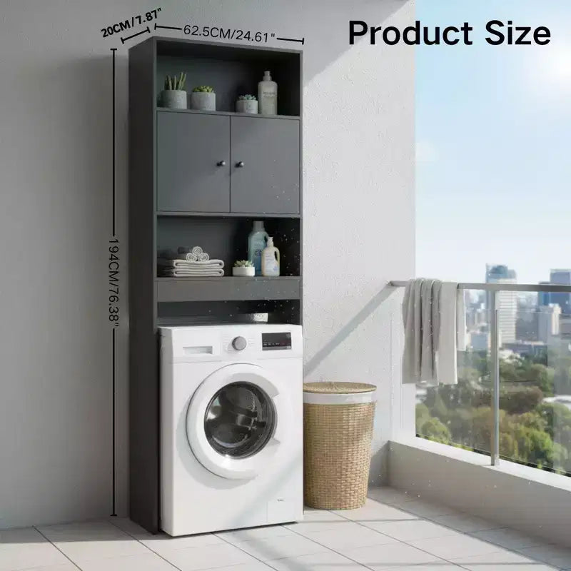 FurnitureR Meuble de Rangement Au-Dessus des Toilettes, Étagère de Rangement de Salle de Bain à 3 Niveaux avec Deux Portes et Rangement Ouvert, Meuble Autoportant pour Salle de Bain, Hauteur 194 cm