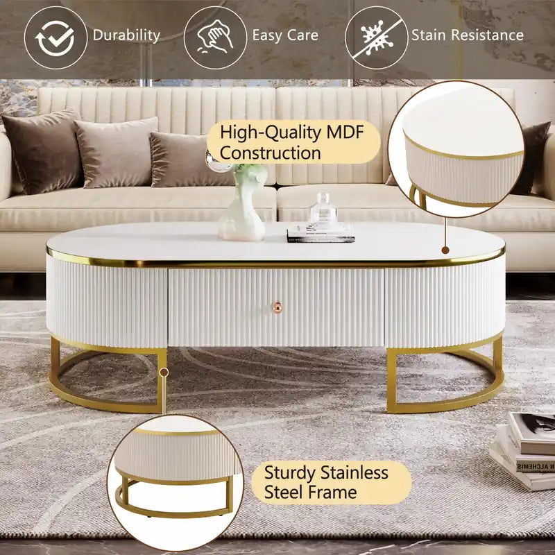 Table basse ovale en bois composite de 47,2 po avec tiroirs de rangement