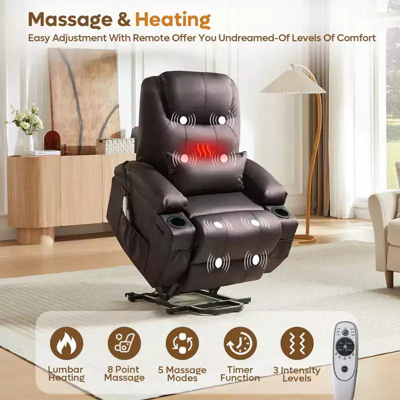 Fauteuil inclinable électrique avec assistance au levage Bestier 34,6 po avec massage et chaleur, fauteuil inclinable en similicuir avec poches latérales et porte-gobelets