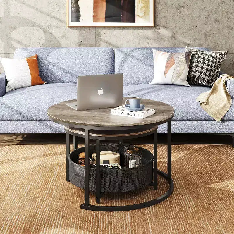 GALAXHERO Lot de 2 tables basses rondes gigognes - Tables d'appoint de 80 cm avec rangement et cadre métallique pour salon/appartement