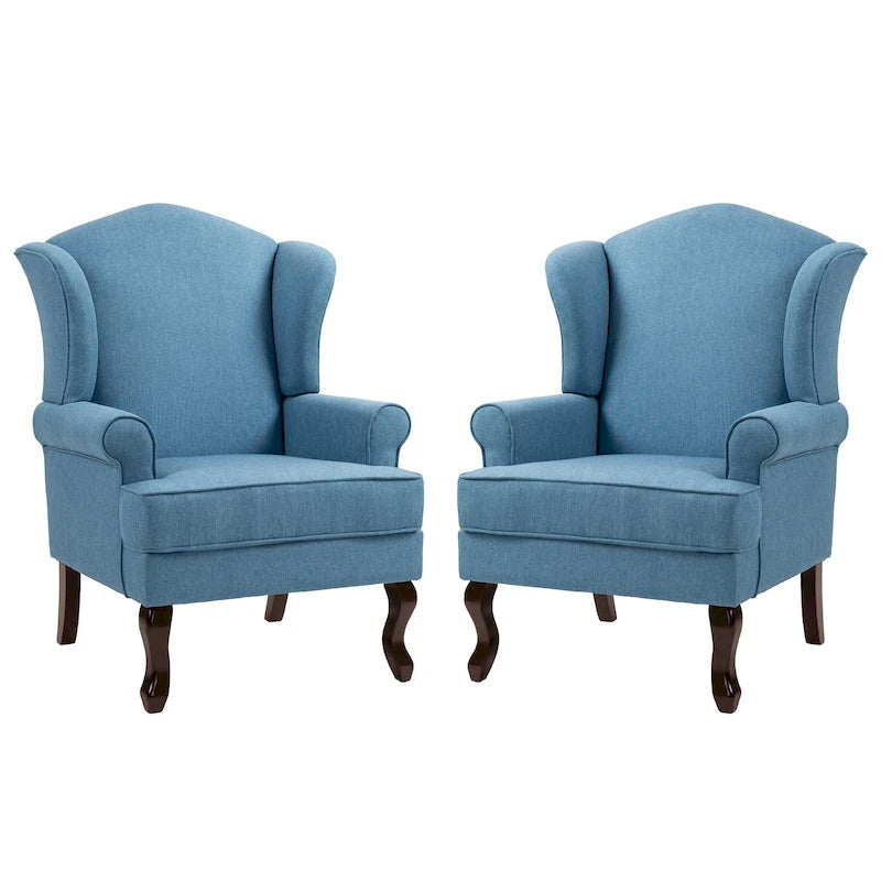 2 fauteuils d'appoint à dossier haut traditionnels, revêtus de tissu