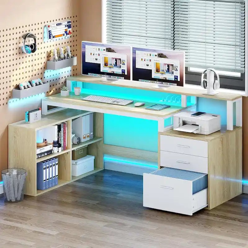 Bureau d'angle en L de 65 po avec DEL RVB, support pour moniteur et armoire de rangement – 1 personne | Blanc / Chêne / Gris anthracite / Noir