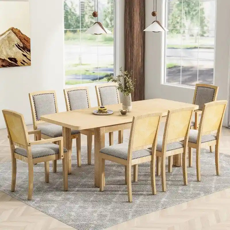 Ensemble de salle à manger extensible 9 pièces avec rallonge amovible de 61 cm, 6 chaises de salle à manger sans accoudoirs rembourrées et 2 fauteuils rembourrés