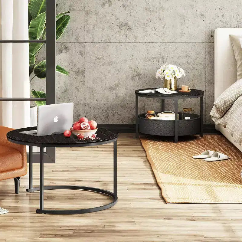 GALAXHERO Lot de 2 tables basses rondes gigognes - Tables d'appoint de 80 cm avec rangement et cadre métallique pour salon/appartement