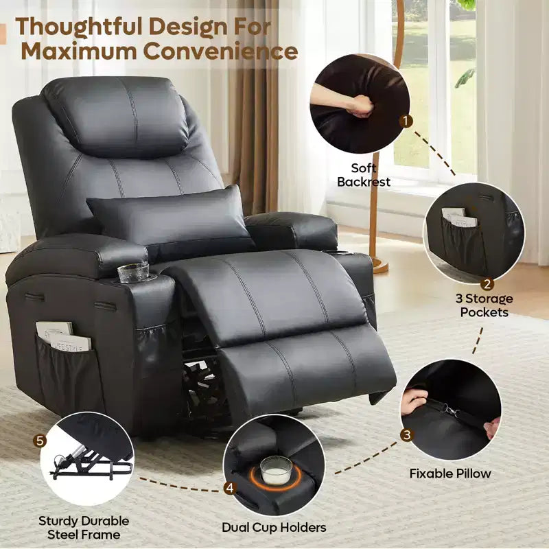 Fauteuil inclinable électrique avec assistance au levage Bestier 34,6 po avec massage et chaleur, fauteuil inclinable en similicuir avec poches latérales et porte-gobelets