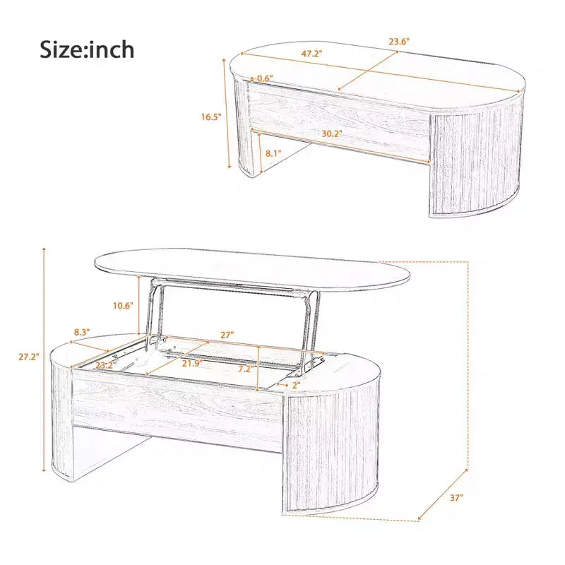 Table basse relevable de 47,2 po, table de salon ovale en bois avec rangement caché, table basse moderne pour salon, chambre à coucher ou bureau