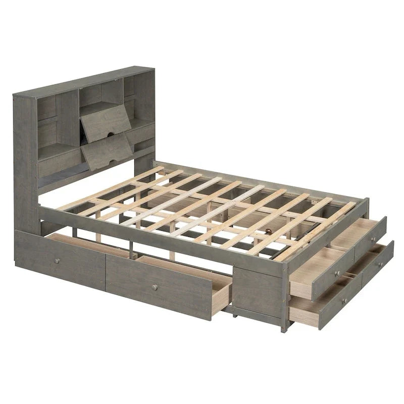 Lit moderne queen size gris en bois avec tête de lit de rangement et 8 tiroirs