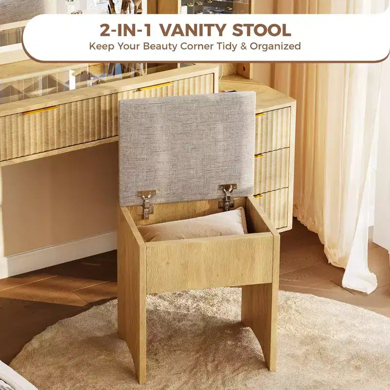 Coiffeuse cannelée de 122 cm avec miroir et lumières LED, station de charge, tabouret de rangement rembourré pour chambre à coucher