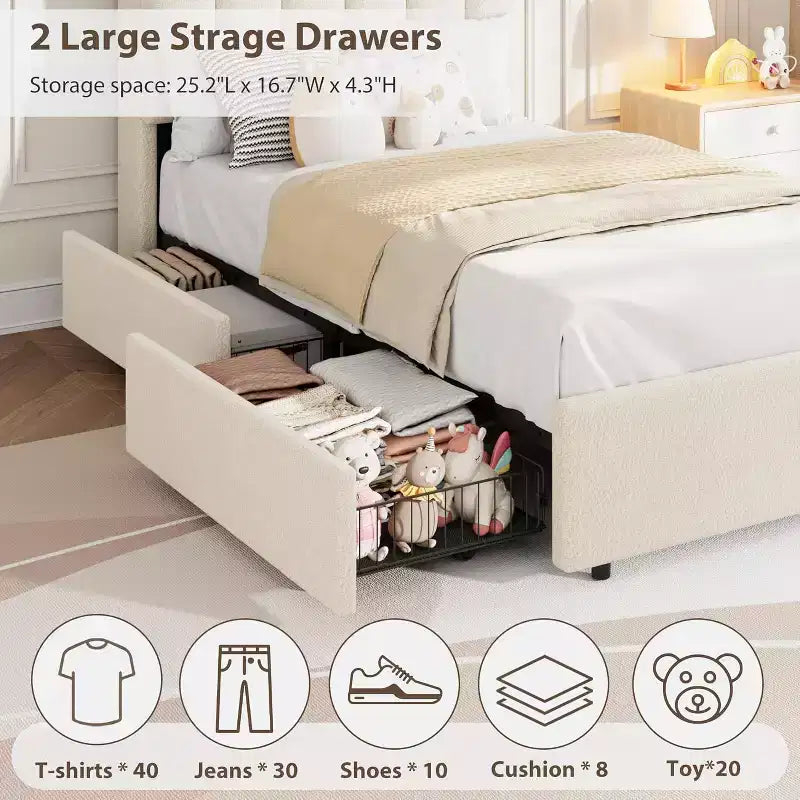 Cadre de lit avec tête de lit de rangement, cadre de lit pour enfant avec 2 tiroirs, lit plateforme capitonné en tissu, tête de lit profilée avec bibliothèque