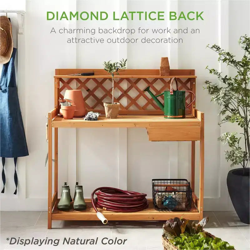 Table de rempotage de jardin en bois pour extérieur Best Choice Products, établi avec tiroir et étagère ouverte
