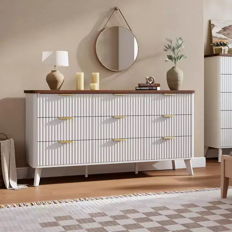 Commode cannelée à 9 tiroirs, 154 cm de large, en bois, avec rangement profond, pour chambre à coucher, salon ou couloir