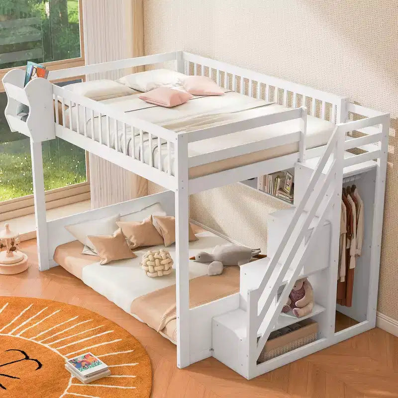 Lit mezzanine double avec escalier, armoire et étagères de rangement – MDF, 295 kg
