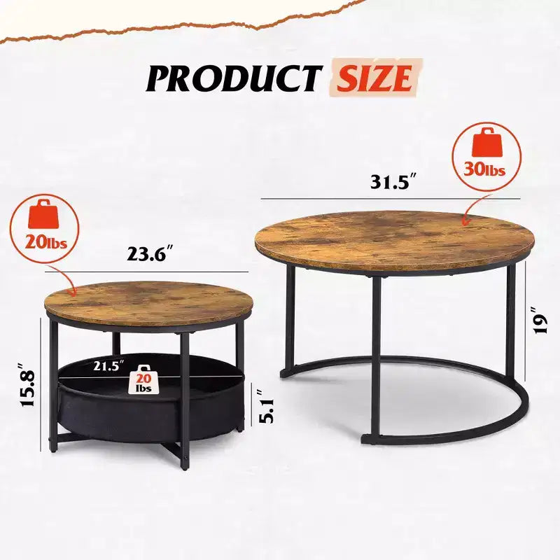 GALAXHERO Lot de 2 tables basses rondes gigognes - Tables d'appoint de 80 cm avec rangement et cadre métallique pour salon/appartement