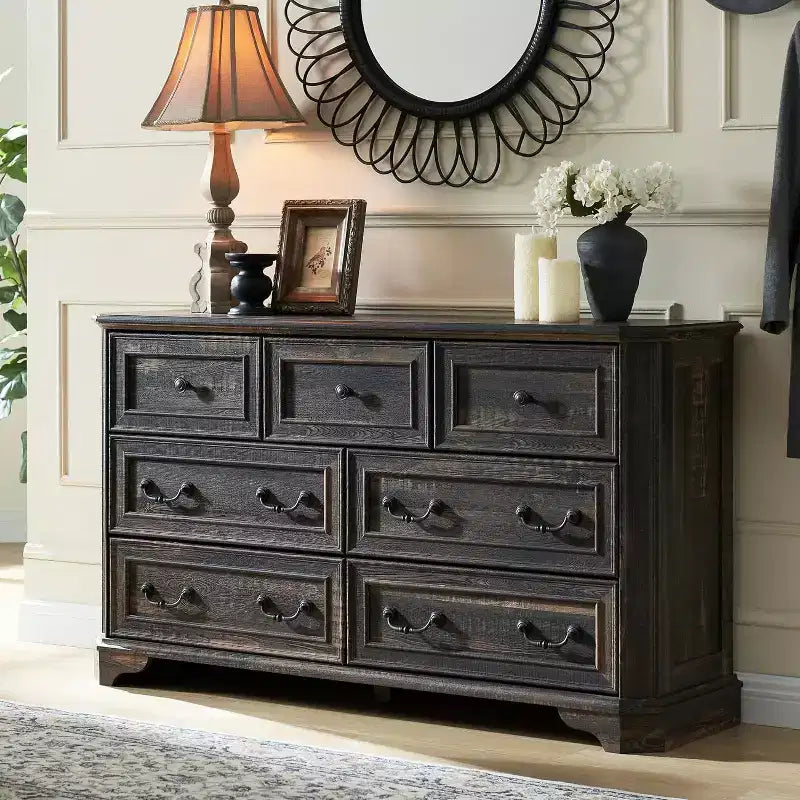 Commode à 7 tiroirs de 54 po pour chambre à coucher, coffre de rangement rustique vintage pour salon et couloir