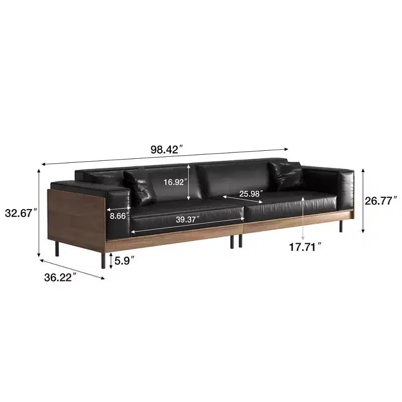 98.42 Canapé en cuir contemporain avec cadre en bois massif, pieds en métal et 3 coussins décoratifs