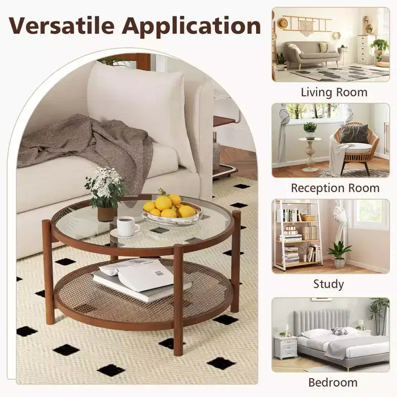 Table basse ronde de 31 po avec plateau en verre trempé et tablette en rotin