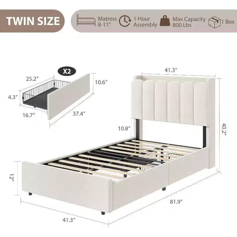 Cadre de lit avec tête de lit de rangement, cadre de lit pour enfant avec 2 tiroirs, lit plateforme capitonné en tissu, tête de lit profilée avec bibliothèque