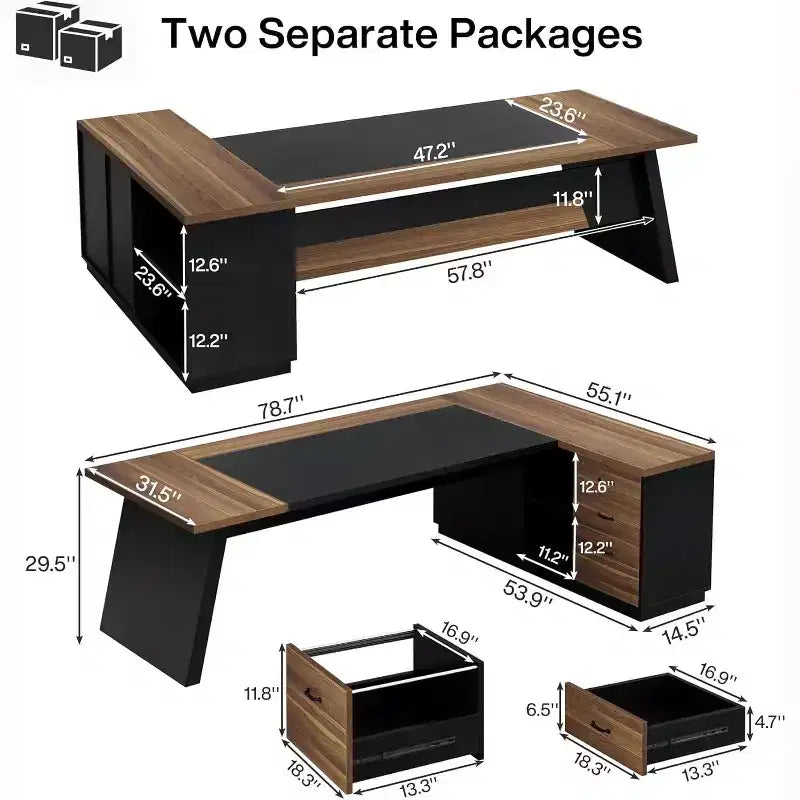 Bureau de direction en L Lantine Modern 78 avec tiroirs et classeur latéral