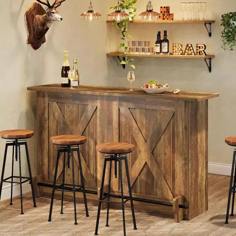 Table de bar Lantine de 63 pouces, table de pub de hauteur armoire de bar à 2 niveaux avec repose-pieds pour cuisine à domicile, bistrot, salle à manger, salon, marron