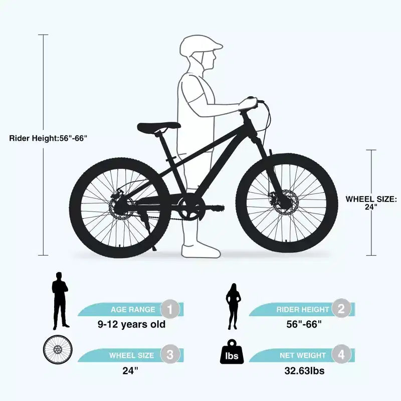NAYSAYE Vélo VTT Enfant 24 Pouces avec Fourche Suspendue Cadre en Acier pour Enfants de 9 à 12 Ans, Cyan, 63.78*24.8*37.2
